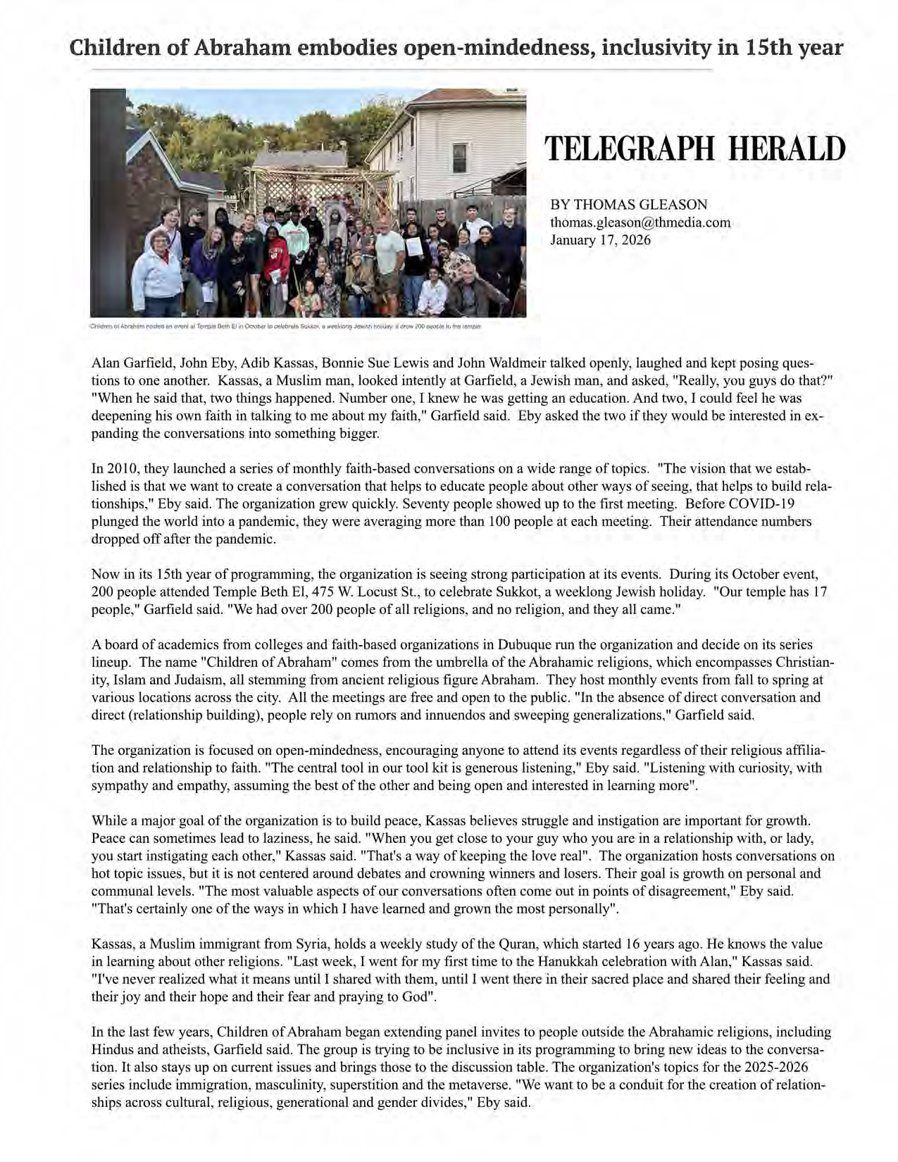 Interview about origin of CoA in the Telegraph Herald